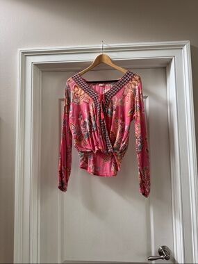 Hollister Pink Floral Wrap-Style Long Sleeve Top